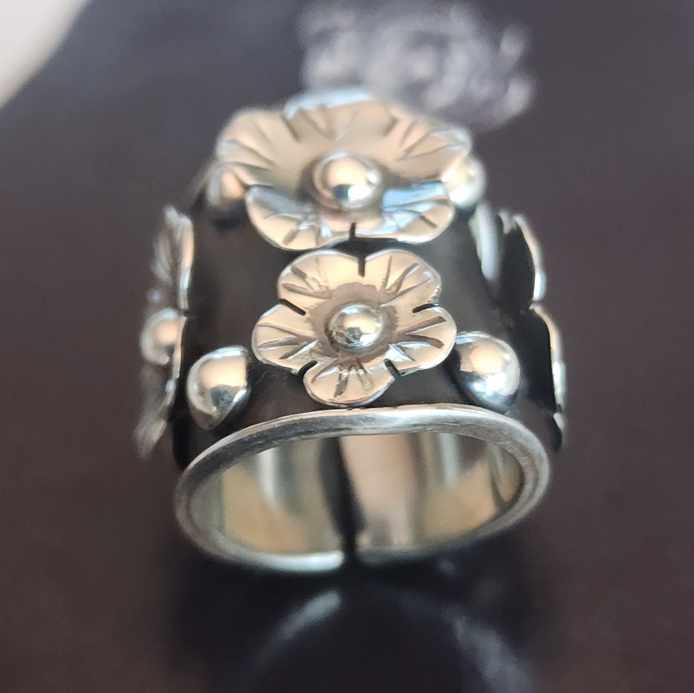 Floral Taxco Sterling Silver Ring Adjustable Fits Size 7-8 - Picture 7 of 14